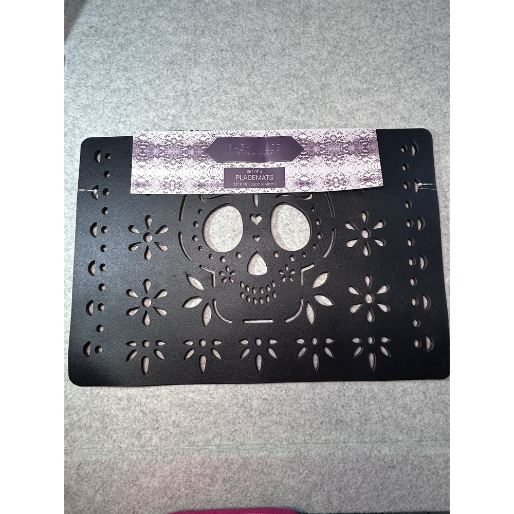 Halloween Rachel Zoe Spooky Skull Black Placemats 13x19 Set of 4 New